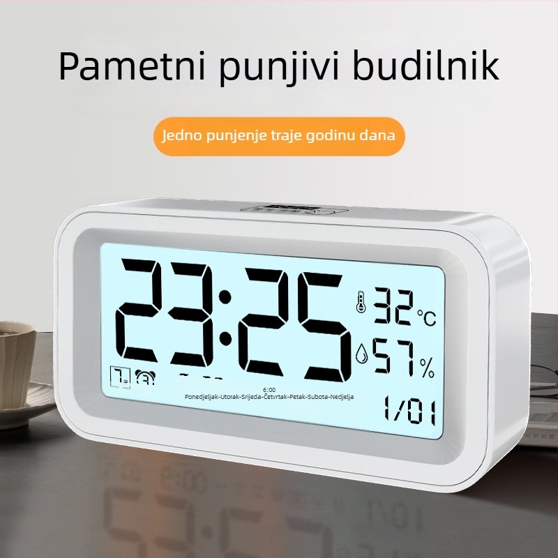 Stolni budilnik za učenike osnovne škole s glasnim alarmom, punjivim napajanjem, pametnim noćnim svjetlom, prikazom temperature i vlage te prikazom tjedna i mjeseca.