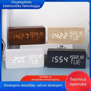 Alarmni sat s LED brojčanim prikazom, drveno kućište, svijetleći, termometar i vječni kalendar