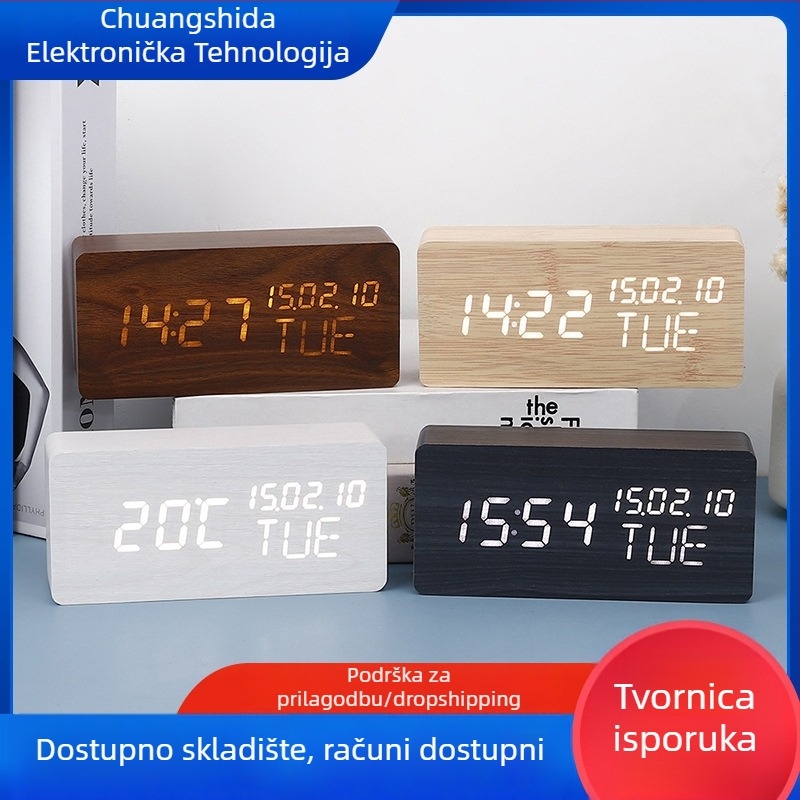 Alarmni sat s LED brojčanim prikazom, drveno kućište, svijetleći, termometar i vječni kalendar