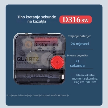 Kvarcni mehanizam za zidne satovi, tihi hod, plastično kućište, moderni minimalistički stil, mogućnost prilagodbe