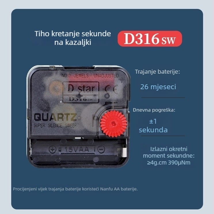 Kvarcni mehanizam za zidne satovi, tihi hod, plastično kućište, moderni minimalistički stil, mogućnost prilagodbe