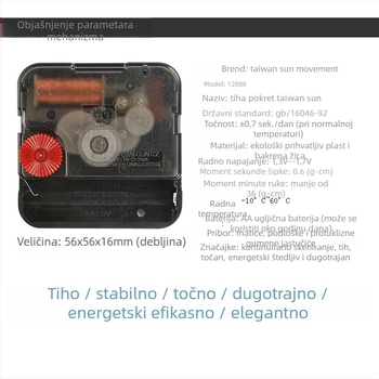 Kvarcni mehanizam za zidni sat – model 12888, ABS kućište, tiho hod, moderan minimalistički stil
