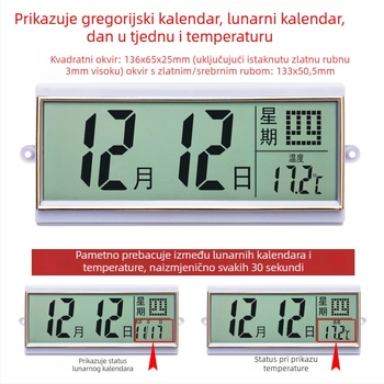 Dekorativni zidni sat s vječitim kalendarom, LCD zaslon, prikaz temperature, ABS kućište, moderni minimalistički stil
