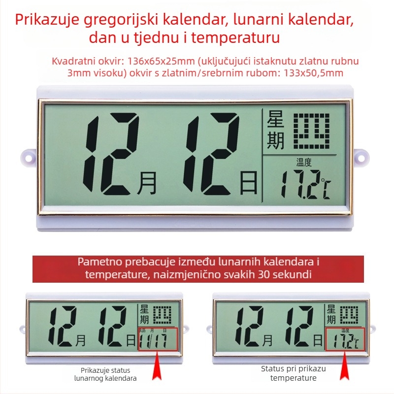 Dekorativni zidni sat s vječitim kalendarom, LCD zaslon, prikaz temperature, ABS kućište, moderni minimalistički stil