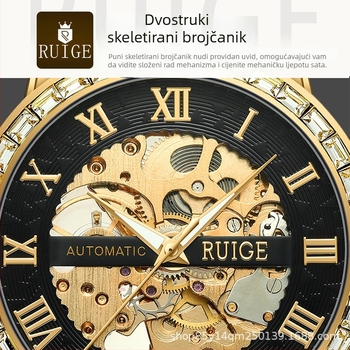 Reigo A2-3 Luksuzni skeleton automatski mehanički sat za muškarce, kućište i narukvica od nehrđajućeg čelika, analogni prikaz, 30M vodootpornost