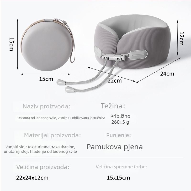 U-oblik jastuk za vrat od memorijske pjene za putovanja, prijenosni dizajn, Ice Silk tkanina, moderni minimalistički stil, prilagođeni logotip