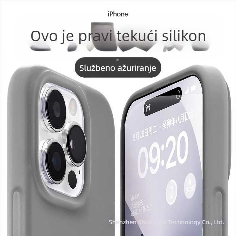 Kryt od tekućeg silikona za iPhone – potpuno zaštita, precizni izrezi; boje: žuta, zelena, crna.