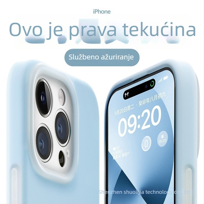 Kryt od tekućeg silikona za iPhone – potpuno zaštita, precizni izrezi; boje: žuta, zelena, crna.