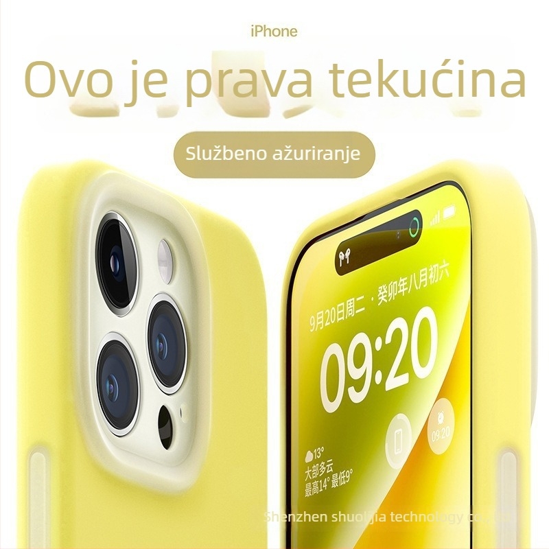 Kryt od tekućeg silikona za iPhone – potpuno zaštita, precizni izrezi; boje: žuta, zelena, crna.
