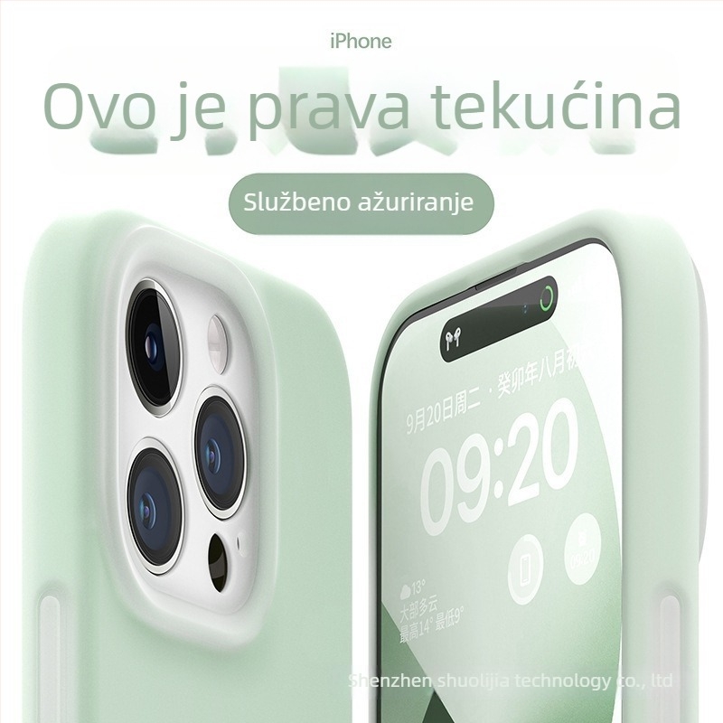 Kryt od tekućeg silikona za iPhone – potpuno zaštita, precizni izrezi; boje: žuta, zelena, crna.