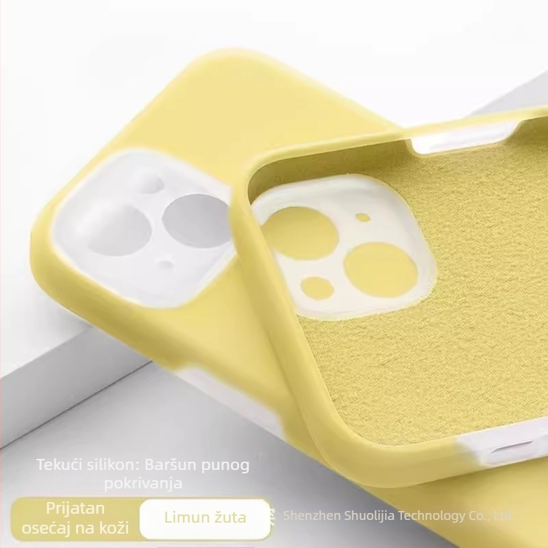 Kryt od tekućeg silikona za iPhone – potpuno zaštita, precizni izrezi; boje: žuta, zelena, crna.