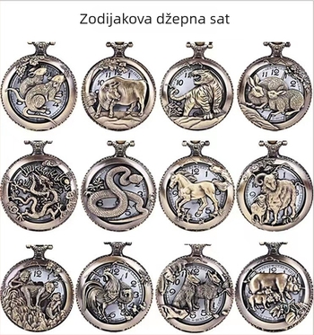 Retro preklopni džepni sat s dvanaest znamenja zodijaka, kvarcni mehanizam SL68, kućište od legure, staklo od organskog stakla