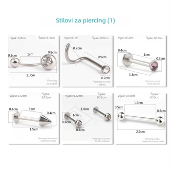 Jednokratni sterilni set alata za piercing — metalni materijal, geometrijski dizajn, s kamenjem; unisex, odvojeno pakiranje, mogućnost prilagodbe