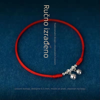 Unisex anklet u nacionalnom stilu sa srebrno pozlaćenim zvončićima, pleteni konac, prilagodljivo