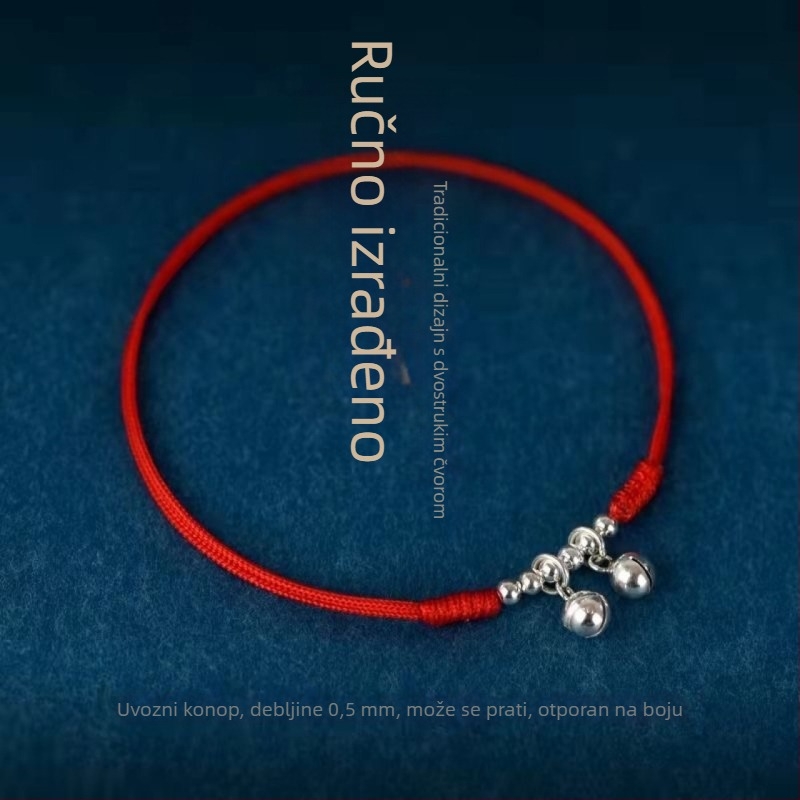 Unisex anklet u nacionalnom stilu sa srebrno pozlaćenim zvončićima, pleteni konac, prilagodljivo