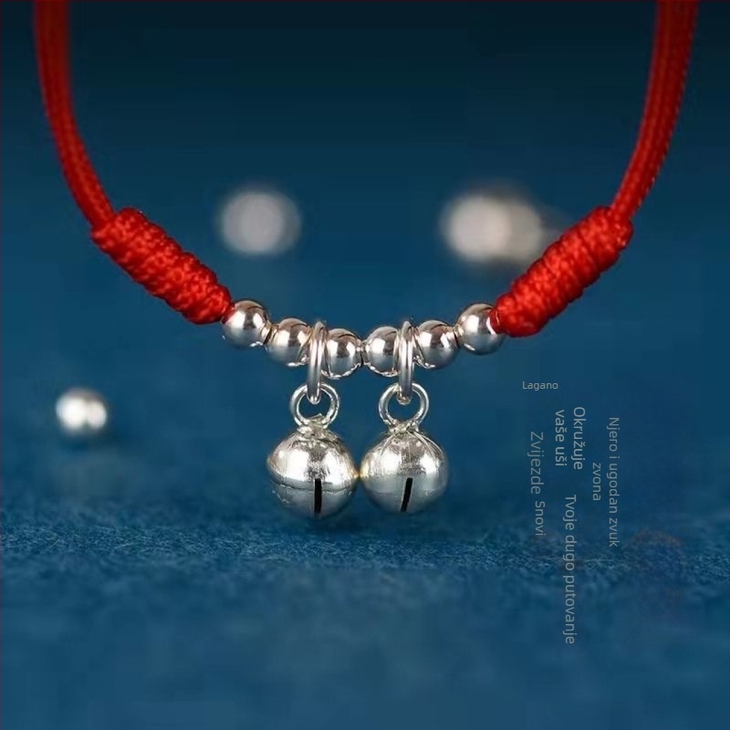 Unisex anklet u nacionalnom stilu sa srebrno pozlaćenim zvončićima, pleteni konac, prilagodljivo