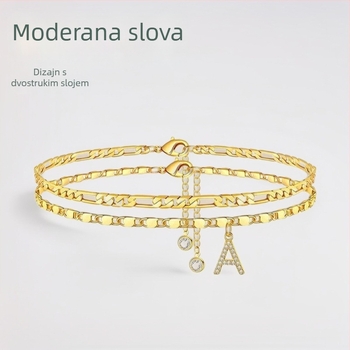Dvoslojni lančić gležnja s slovima – bakreni nakit za žene s pozlaćenim umjetnim kamenjem, privjesak