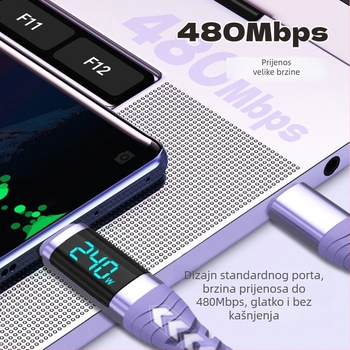 Yichen 240W Type-C kabel za podatkovno brzo punjenje, duljina 1–2 m, 48V5A, 480 Mbps