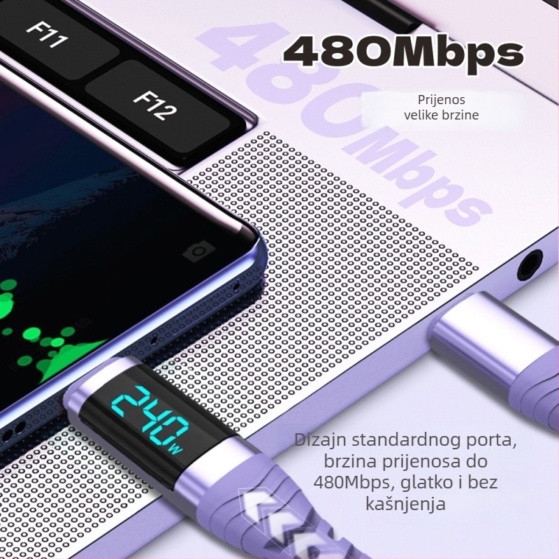 Yichen 240W Type-C kabel za podatkovno brzo punjenje, duljina 1–2 m, 48V5A, 480 Mbps
