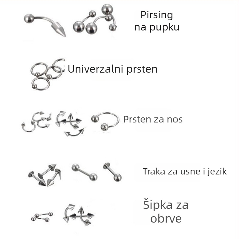 Set za probijanje nosa — 85 komada, nehrđajući čelik, geometrijski dizajn, unisex, individualno pakiranje