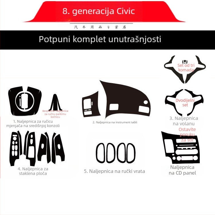 Unutarnja naljepnica s efektom karbonskih vlakana za Civic 2006-2011 (8. generacija) središnja konzola – materijal: papir