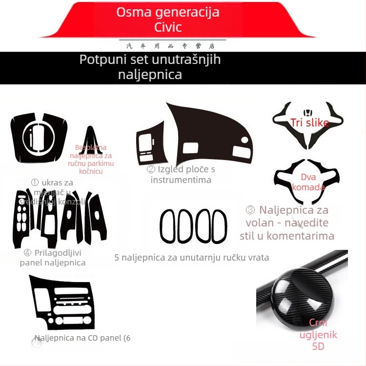 Unutarnja naljepnica s efektom karbonskih vlakana za Civic 2006-2011 (8. generacija) središnja konzola – materijal: papir