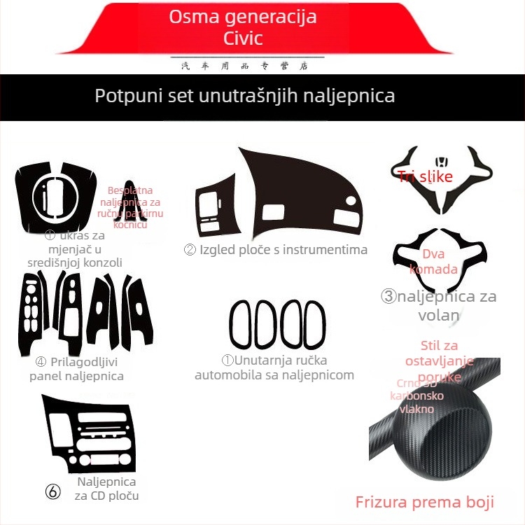 Unutarnja naljepnica s efektom karbonskih vlakana za Civic 2006-2011 (8. generacija) središnja konzola – materijal: papir