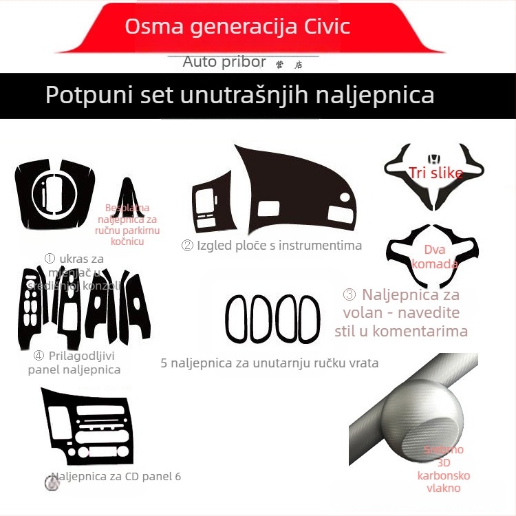 Unutarnja naljepnica s efektom karbonskih vlakana za Civic 2006-2011 (8. generacija) središnja konzola – materijal: papir