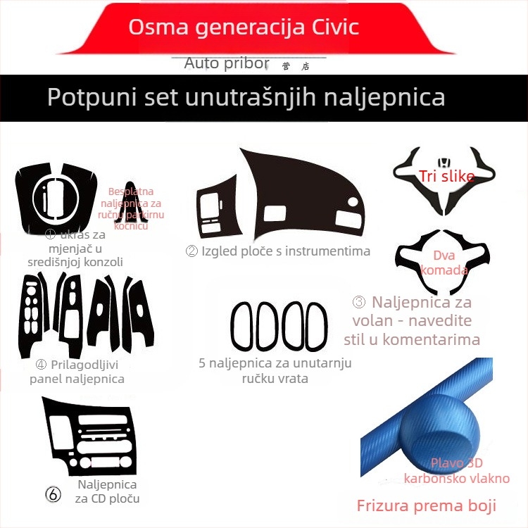 Unutarnja naljepnica s efektom karbonskih vlakana za Civic 2006-2011 (8. generacija) središnja konzola – materijal: papir