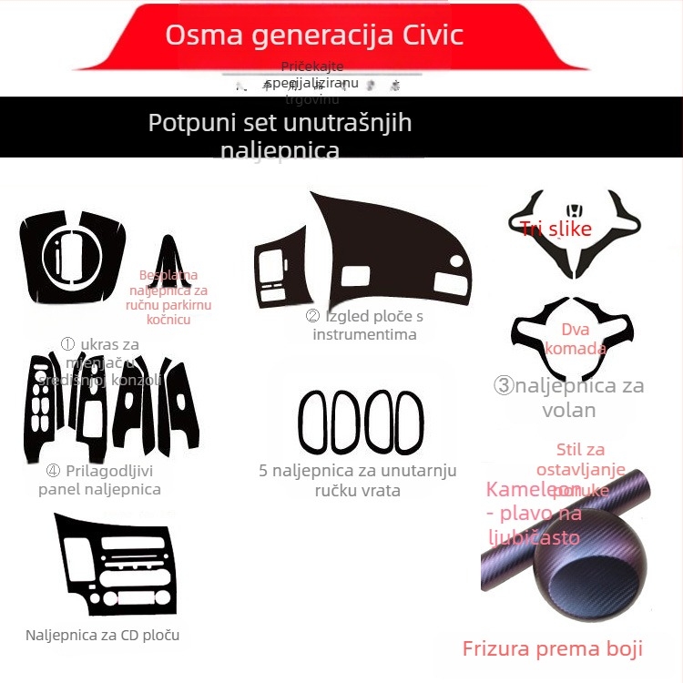 Unutarnja naljepnica s efektom karbonskih vlakana za Civic 2006-2011 (8. generacija) središnja konzola – materijal: papir