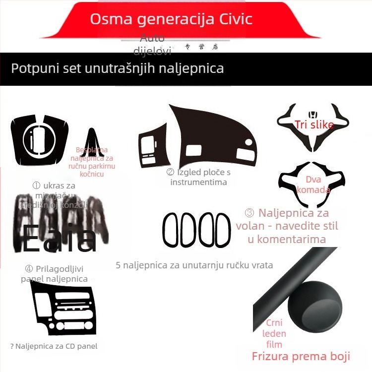 Unutarnja naljepnica s efektom karbonskih vlakana za Civic 2006-2011 (8. generacija) središnja konzola – materijal: papir