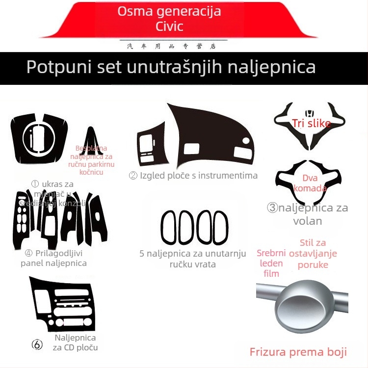 Unutarnja naljepnica s efektom karbonskih vlakana za Civic 2006-2011 (8. generacija) središnja konzola – materijal: papir