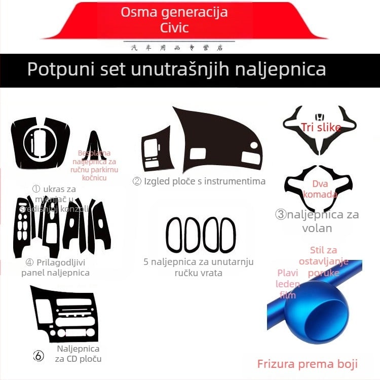 Unutarnja naljepnica s efektom karbonskih vlakana za Civic 2006-2011 (8. generacija) središnja konzola – materijal: papir