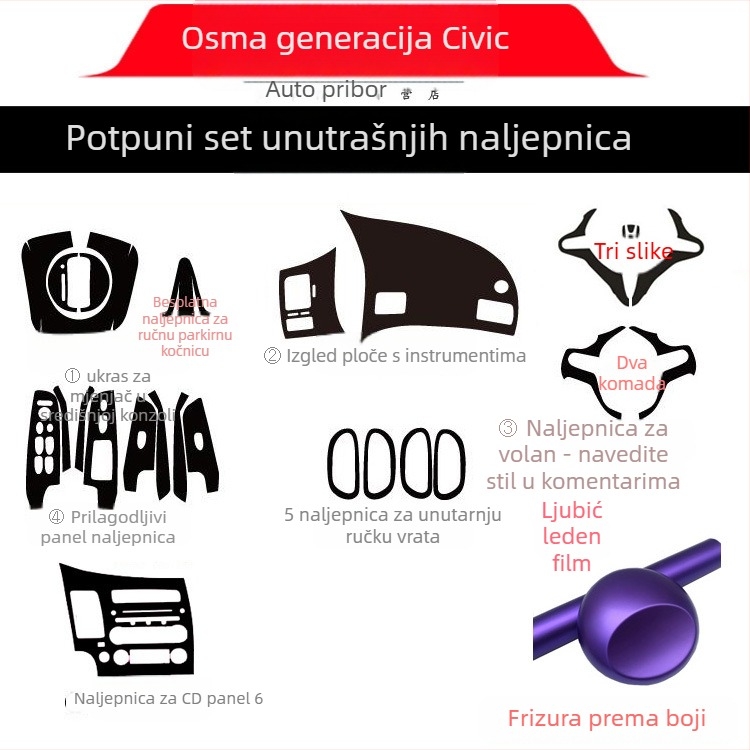 Unutarnja naljepnica s efektom karbonskih vlakana za Civic 2006-2011 (8. generacija) središnja konzola – materijal: papir