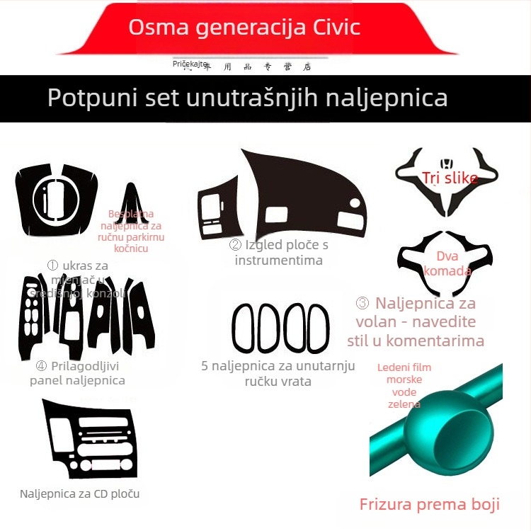 Unutarnja naljepnica s efektom karbonskih vlakana za Civic 2006-2011 (8. generacija) središnja konzola – materijal: papir