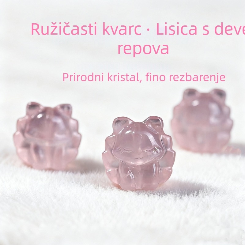 Viseći privjesak za ogrlicu od ružičastog kvarca, rezbarija lisice s devet repova, polirani završni sloj, sladak stil