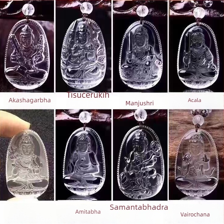 Privesak od prirodnog bijelog kristala s osam zaštitnih božanstava i natalnim Budom za znakove zodijaka – unisex
