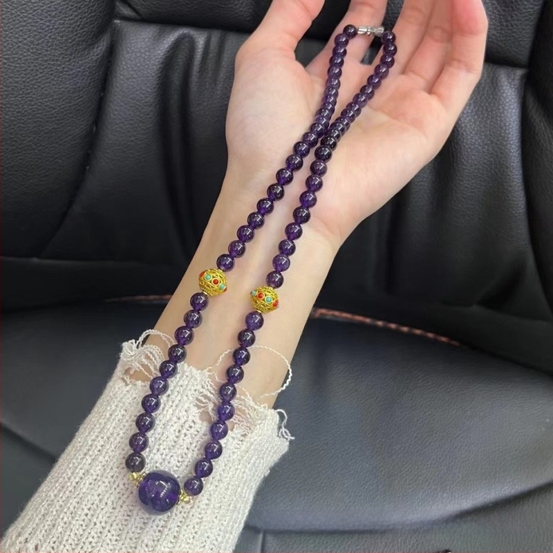 Ogrlica s ametistom, 12 mm perle, srebro-pozlaćeni dodaci, lagani luksuz stil