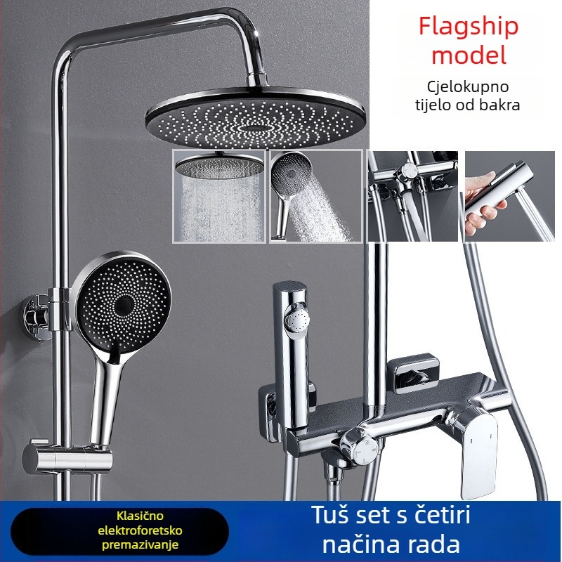 Bakreni set za tuširanje, ugradbeni, model 85-1, 1,6 MPa, kiša i mjehurići, okrugla tuš glava, moderan minimalistički stil