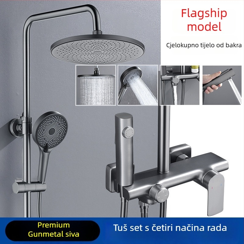 Bakreni set za tuširanje, ugradbeni, model 85-1, 1,6 MPa, kiša i mjehurići, okrugla tuš glava, moderan minimalistički stil