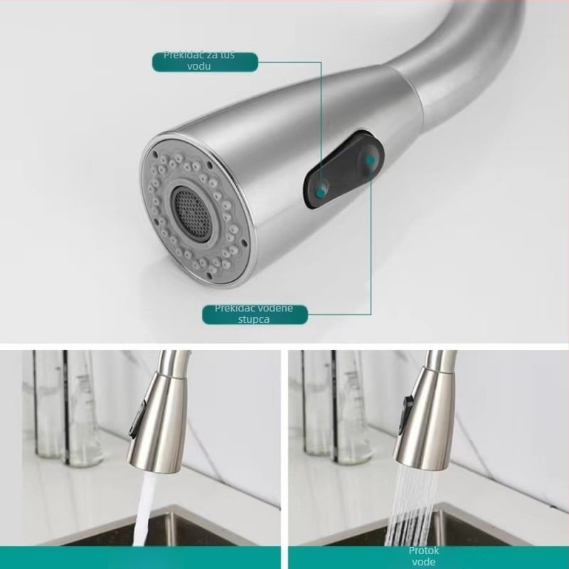 Nehrđajući čelični izvučni kuhinjski faucet, montaža na jedan otvor, keramički disk ventil, model 1200