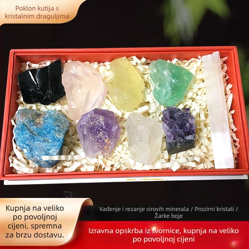Set prirodnih kristalnih sirovih kamenja — kutija za poklon s mineralnim uzorcima i šarenim kamenjem