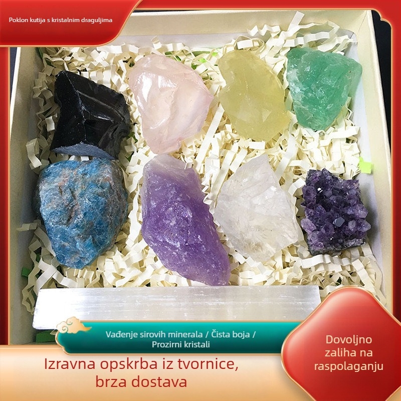 Set prirodnih kristalnih sirovih kamenja — kutija za poklon s mineralnim uzorcima i šarenim kamenjem
