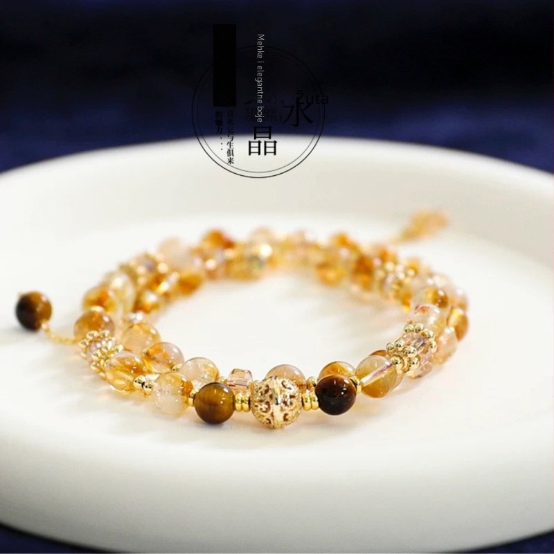 Geometrijska narukvica od citrin kristala, dvostruka petlja, elektroplatiranje – originalni dizajn za žene