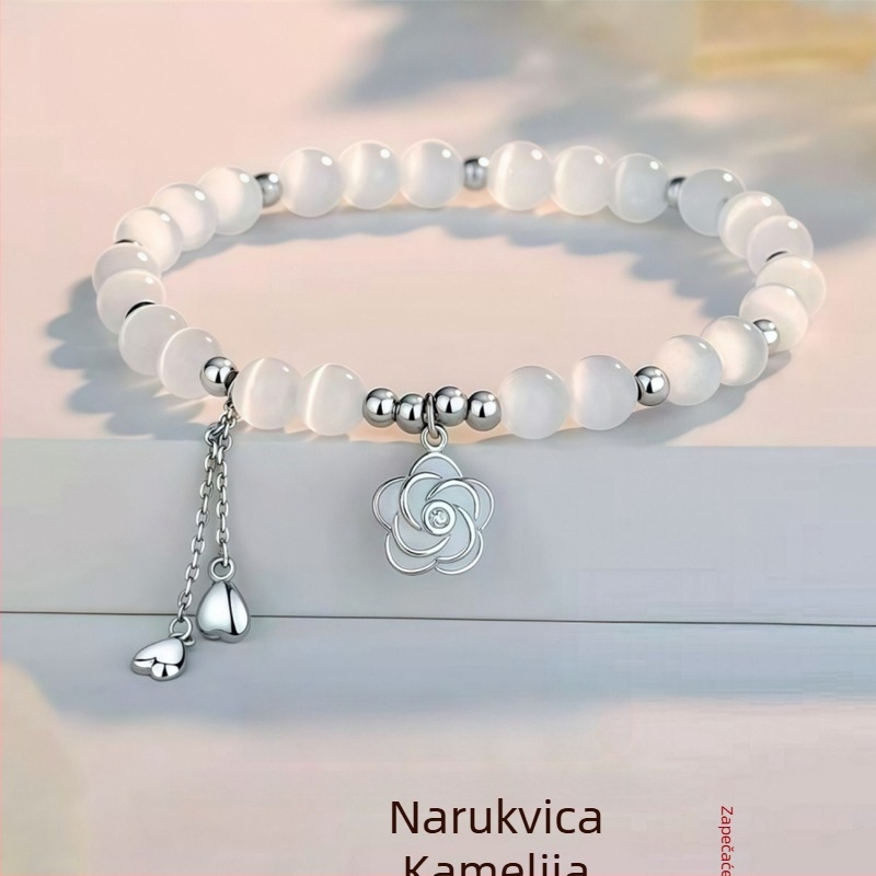 Narukvica od srebra S925 s kamenom mačjeg oka u obliku camellije, kristalni perli, ženski nakit s lančićem za ključnicu
