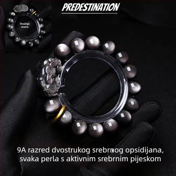 Prirodni srebrni obsidijan Pixiu kožna narukvica u boji pijesak-zlato, unisex, jednolančana narukvica, diskretan luksuz