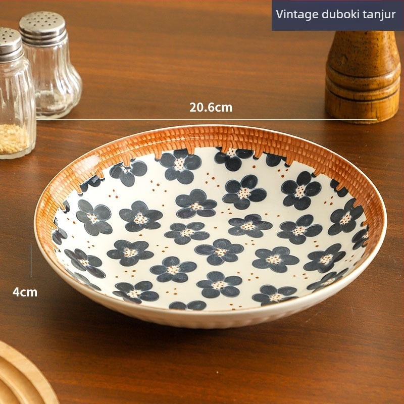 Porcelanski tanjur s motívom biljaka i cvijeća, podglazurna boja na površini, retro stil lagani luksuz, mikrovalna sigurnost