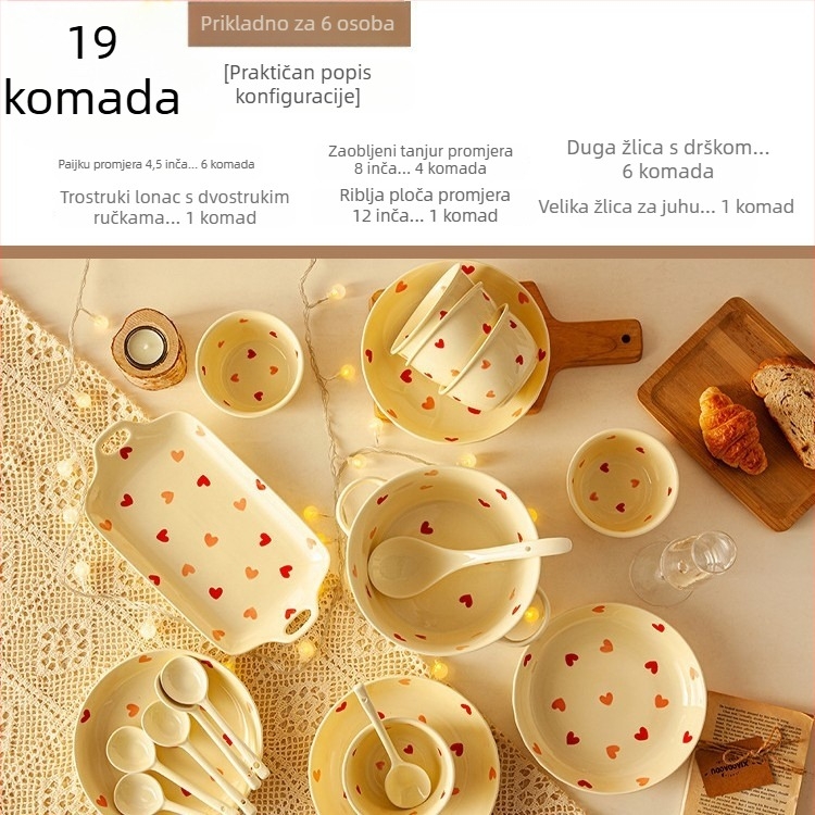Porcelanski set zdjela s ljubavnim uzorkom, boja pod glazurom, nepravilan oblik, pogodna za mikrovalnu, moderni minimalistički stil