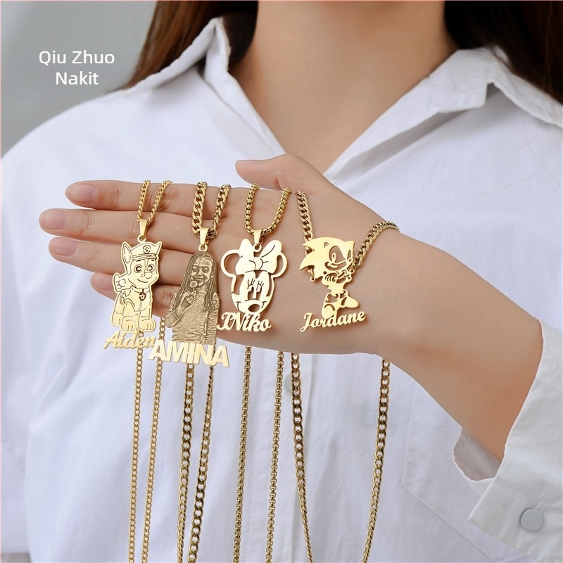 Nakit od nehrđajućeg čelika s likovima crtani filmova, O- lančić, višeslojni dizajn, prilagodljiv tekst i portreti