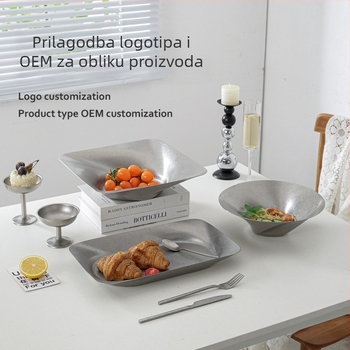 Dekorativni pladanj od nehrđajućeg čelika, retro stil, asimetričan oblik kružno-pravokutni s dubokim dnom za voće i grickalice
